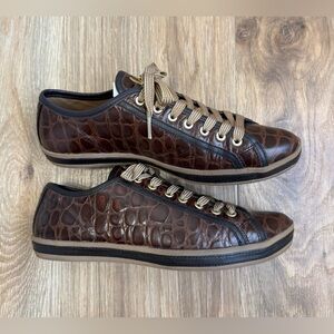 Vicini Fashion Sport Brown Croc-Embossed Leather Low Top Sneakers Size 37